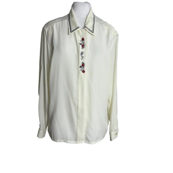 Vintage Koret Womens Size 14 Blouse Red Roses Embroidered Romantic Ivory - Picture 1 of 9